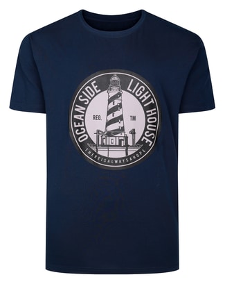 Bigdude Oceanside Lighthouse Print T-Shirt Navy