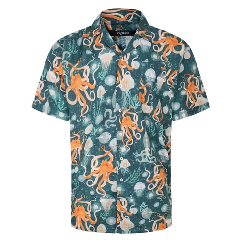 Bigdude Relaxed Collar Octopus Print Short Sleeve Shirt Dark Green