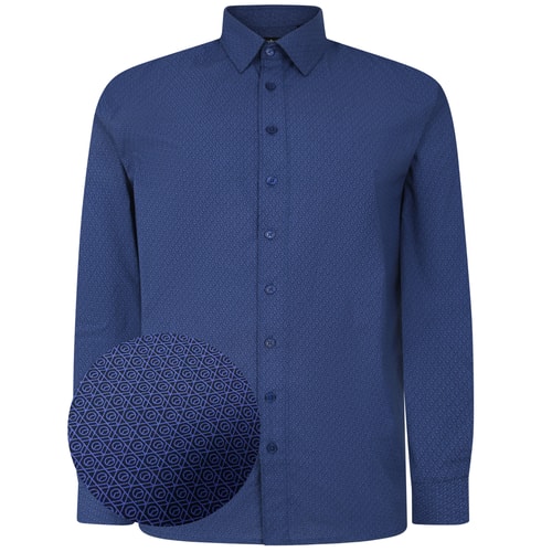 Bigdude All Over Abstract Print Long Sleeve Poplin Shirt Blue