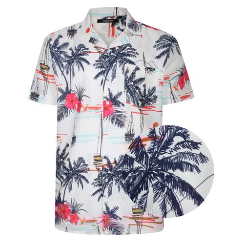 Bigdude Relaxed Collar All Over Floral Print Woven Short Sleeve Shirt White