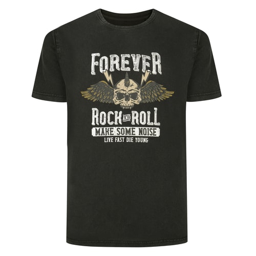 Bigdude Forever Rock and Roll Print T-Shirt Washed Black Tall