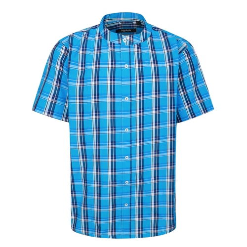 Bigdude Grandad Collar Checked Short Sleeve Shirt Bright Blue