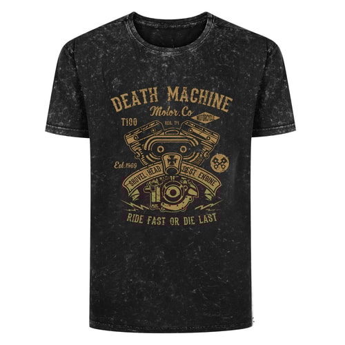 Bigdude Death Machine Print Short Sleeve Acid Wash T-Shirt Washed Black