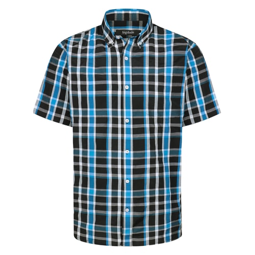 Bigdude Button Down Collar Checked Short Sleeve Poplin Shirt Bright Blue