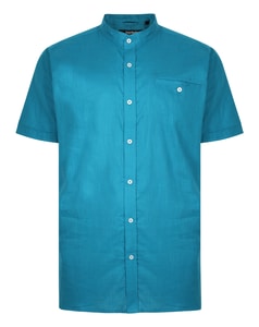 Bigdude Woven Linen Grandad Collar Short Sleeve Shirt Turqouise