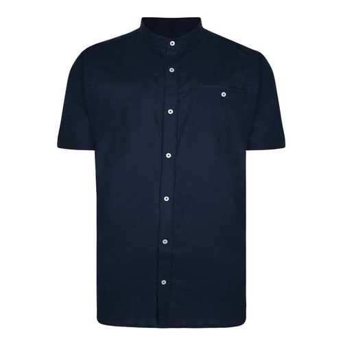 Bigdude Woven Linen Grandad Collar Short Sleeve Shirt Navy