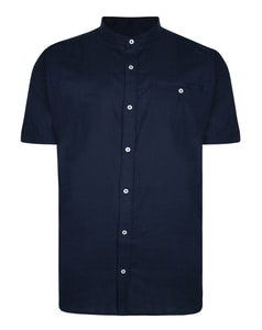 Bigdude Woven Linen Grandad Collar Short Sleeve Shirt Navy