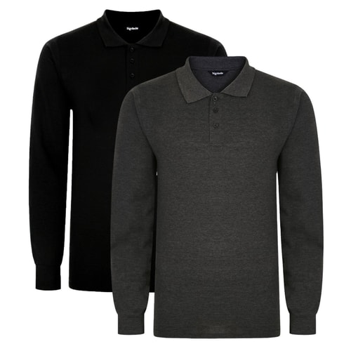 Bigdude Twin Pack Long Sleeve Polos Tall Black/Charcoal