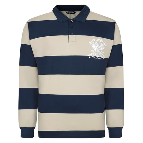 Bigdude Detroit Print Striped Rugby Polo Navy/Stone