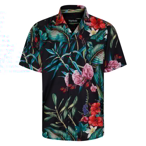 Bigdude Relaxed Collar Flower Print Short Sleeve Shirt Black Tall