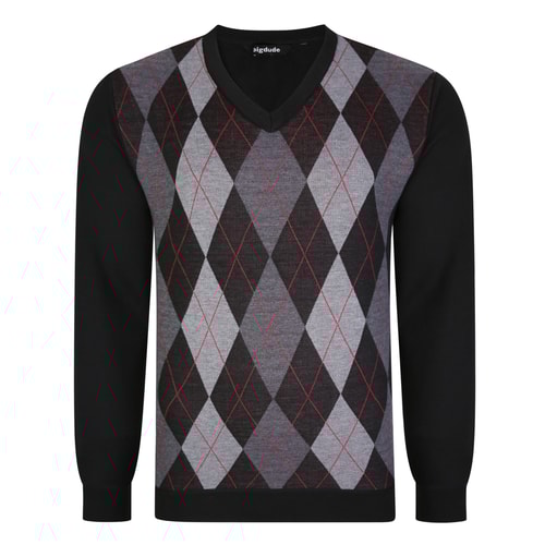 Bigdude Argyle V-Neck Knitted Jumper Black