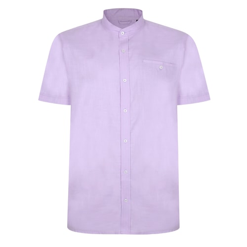 Bigdude Woven Linen Grandad Collar Short Sleeve Shirt Purple
