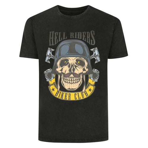 Bigdude Hell Rider Print Short Sleeve Acid Wash T-Shirt Washed Black Tall