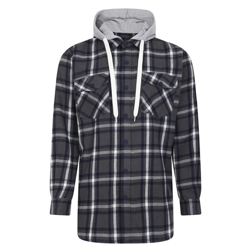 Bigdude Hooded Flannel Checked Shirt Charcoal/Navy