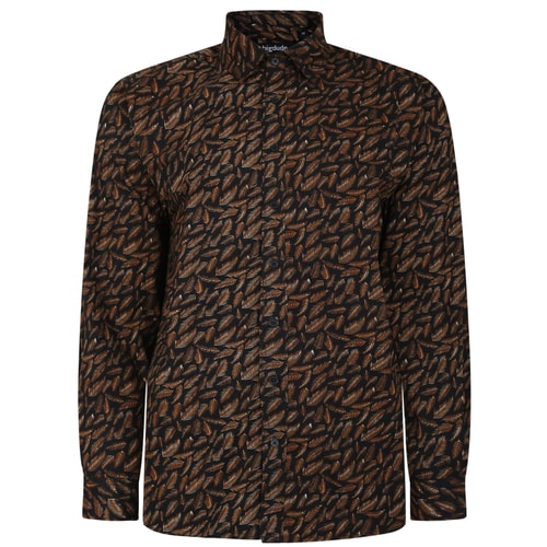 Bigdude Leaf Print Long Sleeve Poplin Shirt Black