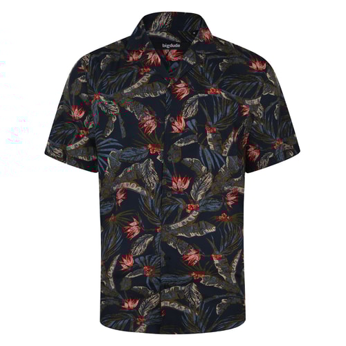 Bigdude Viscose Relaxed Collar Flower Shirt Navy